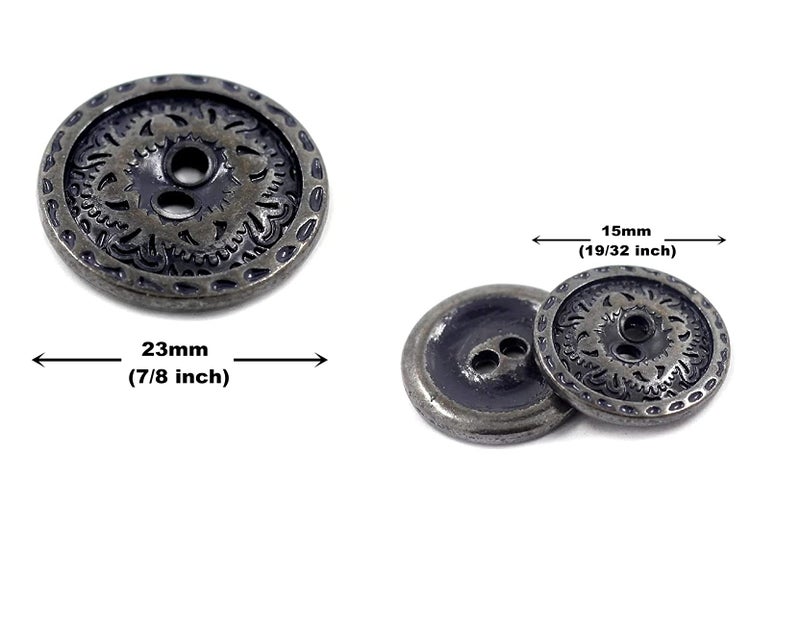 Bezelry Black Copper and Dark Blue Flower Engraving Metal Hole Blazer Button Set. 6 Pcs of 23mm, 8 Pcs of 15mm - Image 2